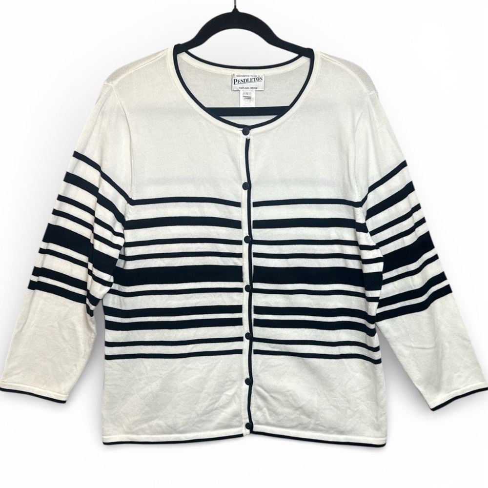 Pendleton‎ Striped Button Front Cardigan Sweater Women’s L Black White Cotton